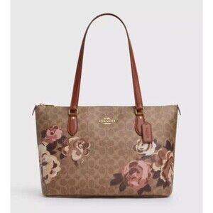 COACH CZ180 Gallery Tote Shoulder Bag Signature Canvas Rose Print Gold Tan NWT
